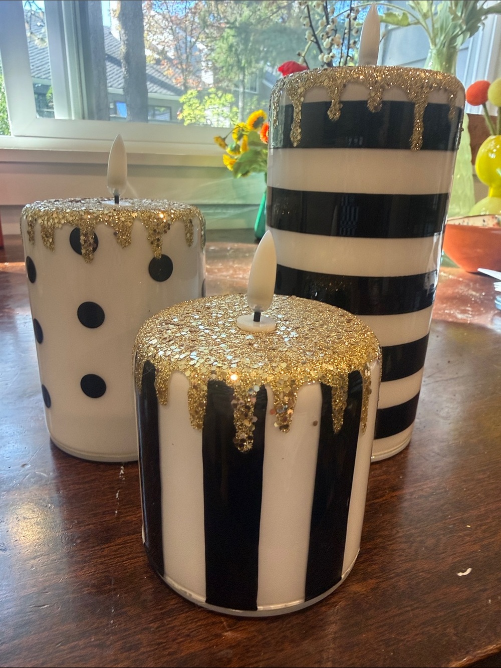 MacKenzie-Childs Black, White & Gold Glitter Decorative Candle Set